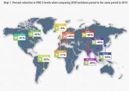 Peta Persentase Penurunan tingkat PM2.5 yang membandingkan periode lockdown 2020 dan periode yang sama di tahun 2019 (dok.IQAir 22 April 2020)