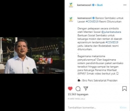 Postingan Kementrian Sosial mengenai peresmian Bansos Sembako kepada masyarakat Jakarta dan Bodetabek (22/4/2020). Sumber: Instagram (@kemensosri)