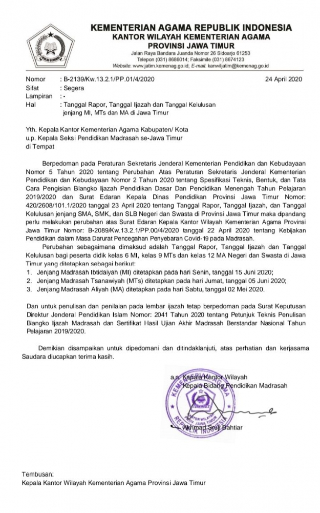 Screen shoot surat edaran kakanwil jawa timur tentang kelulusan siswa