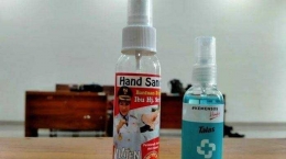 Foto kemasan hand sanitizer yang ditempeli stiker foto bupati Klaten. Sumber gambar: tribunjateng.com