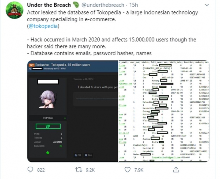 Screenshoot akun @underthebreach yang mengaku telah meretas 15 juta akun pengguna Tokopedia, sumber: Twitter/underthebreach