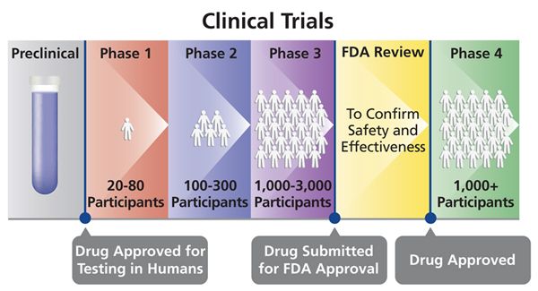 Fase-fase dalam penilitian klinis untuk menentukan keamanan dan kemanjuran obat baru. (diambil dari: aidsinfo.nih.gov)