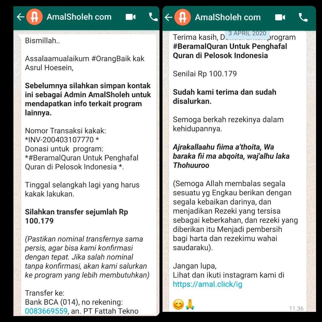 Ilustrasi: Bukti Donasi penulis melalui iklan wakaf Al-Quran di AmalSholeh.Com. Sumber: Dokpri | ASRUL HOESEIN 