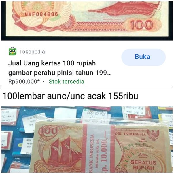 Harga tidak wajar (atas) dan harga numismatis (bawah)/Foto: diambil dari tokopedia dan grup jual beli uang kuno