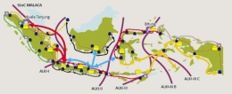Jalur ALKI berwarna ungu dan jalur pelayaran utama nasional pada warna lainnya. Sumber: http://ngada.org/ps26-2012lmp3.htm 