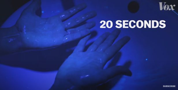 Kondisi sudah hilangnya segala partikel yang tertempel di tangan ketika mencuci tangan minimal 20 detik. (Sumber: Vox.com)