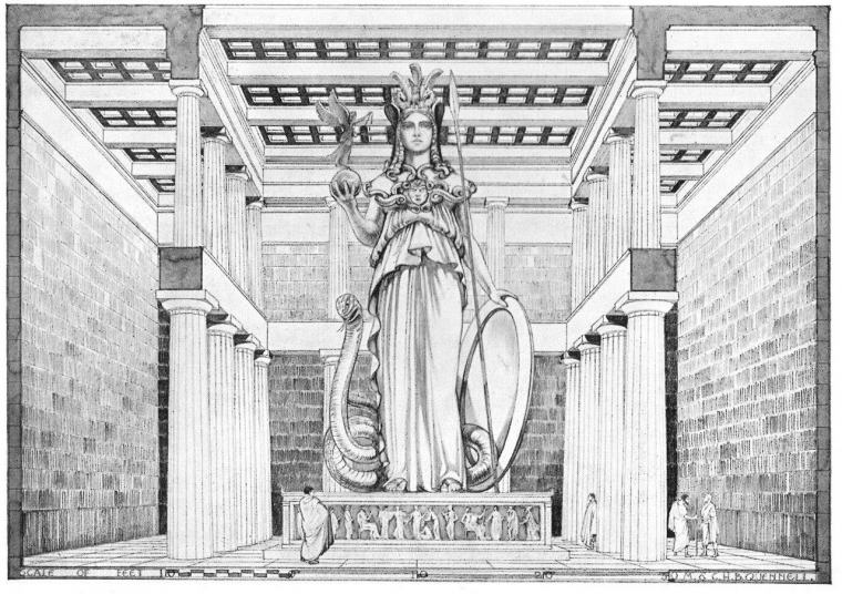 Cella pada kuil Parthenon dengan figur dewi Athena (sumber: id.pinterest.com)