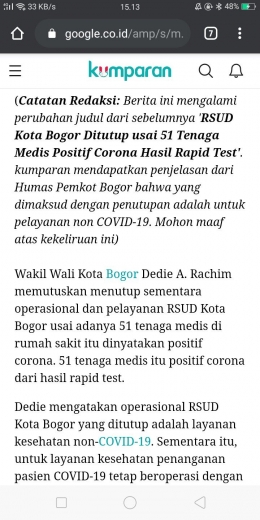 Catatan redaksi dan permintaan maaf yang dicantumkan oleh tim redaksi Kumparan terkait misinformasi yang terjadi. Sumber: dokumen pribadi