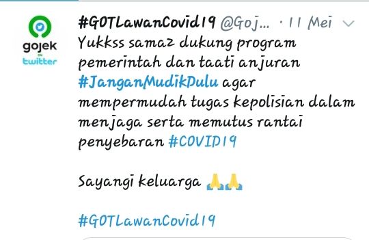 Tangkapan layar, imbauan dari semua pihak untuk #janganmudikdulu | Dok Gojek