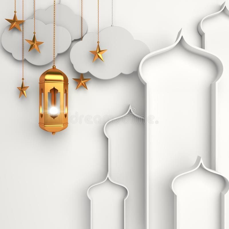 Ilustrasi: Kartu Lebaran Sumber: https://www.dreamstime.com/gold-arabic-lantern-crescent-cloud-star-window-white-background-gold-arabic-lantern-crescent-cloud-star-window-white-image154046525 | Dreamstime.Com