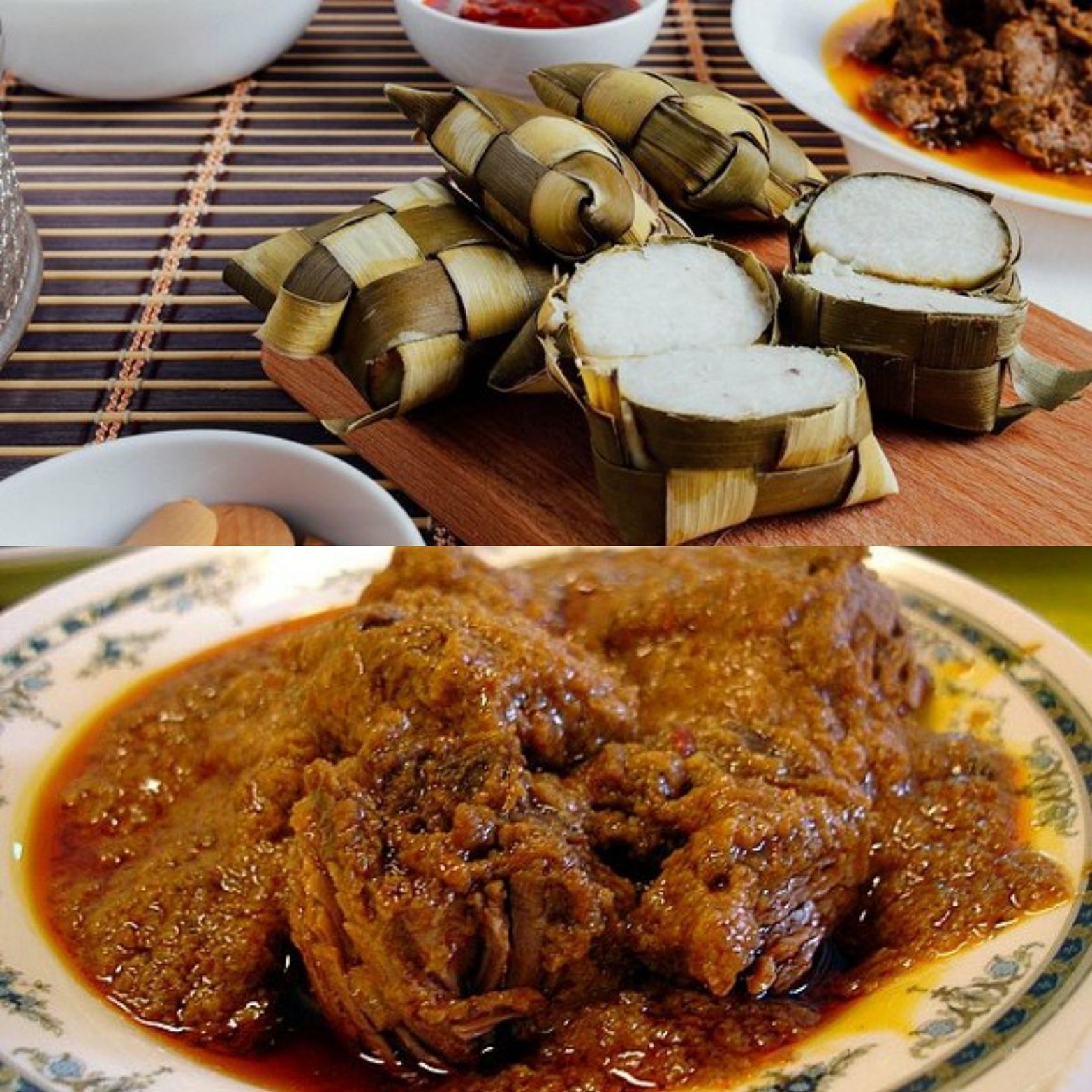Ilustrasi. Sepiring Ketupat dan Sepotong Rendang Menjelang Malam Takbiran. (Sumber : Dream.co.id dan Selerasa.com)