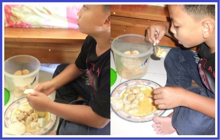 Anak saya menikmati lontong sayur, jamuan dari Mbak Tuti (Sumber: dokumen pribadi)