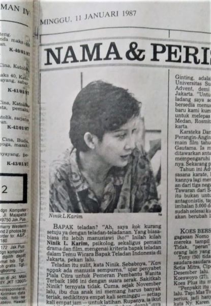 Aktris Ninik L. Karim dimuat di Koran Kompas edisi Minggu, 11 Januari 1987.  (Foto: Gapey Sandy) 