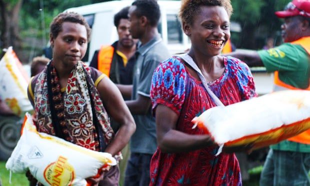 Community food donations at Raluana, one of the quarantined areas in East New Britain, which was locked down following a confirmed case of coronavirus. Photograph: Kalo Fainu. via The Guardian