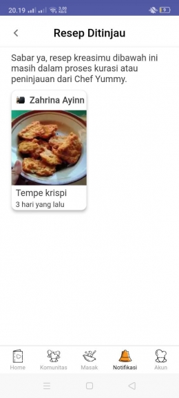 notifikasi resep makanan sedang ditinjau (tangkapan layar yummy app) 