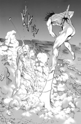 Pertempuran Titan Eren melawan Warhammer Titan | Property Of Shonen Magazine 