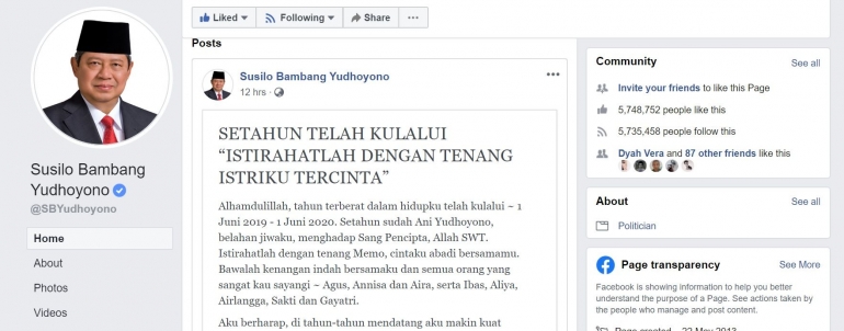 Tulisan SBY mengenang satu tahun meninggalnya Ibu Ani Yudhoyono - Sumber Foto: capture facebook.com/SBYudhoyono