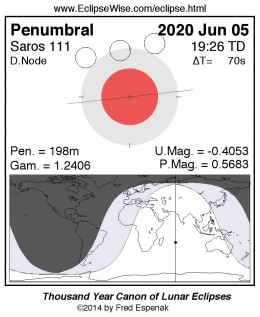 Gerhana bulan dapat diamati pada wilayah berwarna putih dalam peta (EclipseWise/Lunar Eclipse)