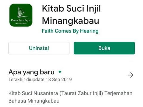 Aplikasi Injil berbahasa Minang didapati di layanan Play Store untuk ponsel pintar Android (dok. istimewa)