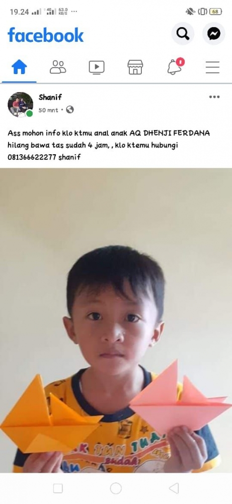 Usaha mencari anak hilang dengan share via FB
