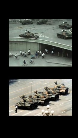  Tank yang bergerak di jalanan dan foto paling terkenal dibawah ketika pria menghadang gerak laju tank seorang diri/ Sumber : BBC.com