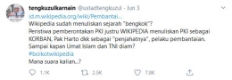 Tangkapan layar twit Tengku Zulkarnain (twitter.com/ @ustadtengkuzul).