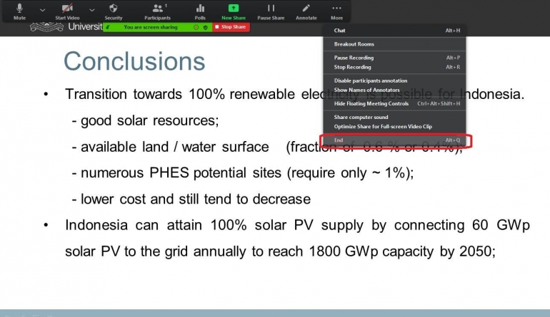 Untuk mengakhiri klik 'end' (screenshot zoom/dokpri)Â