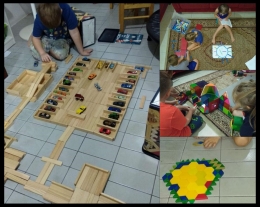 Gambar Kiri: Belajar dan bermain dengan papan balok kayu. Gambar Kanan Atas: Belajar matematika yang menyenangkan dengan menggunakan balok-balok lego. Gambar Kanan Tengah: Bermain dan belajar membangun dengan balok-balok bermagnet. Gambar Kanan Bawah: Belajar bangun dengan menyusun tangram. | Sumber: Robin
