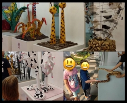 Gambar Atas & Kiri Bawah: Belajar seni dengan mengunjungi pameran seni di mal. Gambar Kanan Atas: Gambar Kanan Bawah: Belajar tentang ular di Pet Shop. | Sumber : Robin