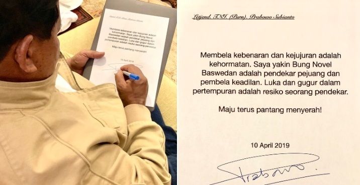 Prabowo Subianto menuliskan surat untuk menyemangati Novel Baswedan pada saat kampanye Pilpres 2019 lalu, Sumber: Portal Islam