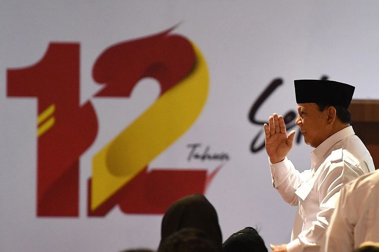 Prabowo saat menyampaikan pesan dalam HUT Gerindra ke-12, sumber: Antara/Sigid Kurniawan melalui Kompas.com