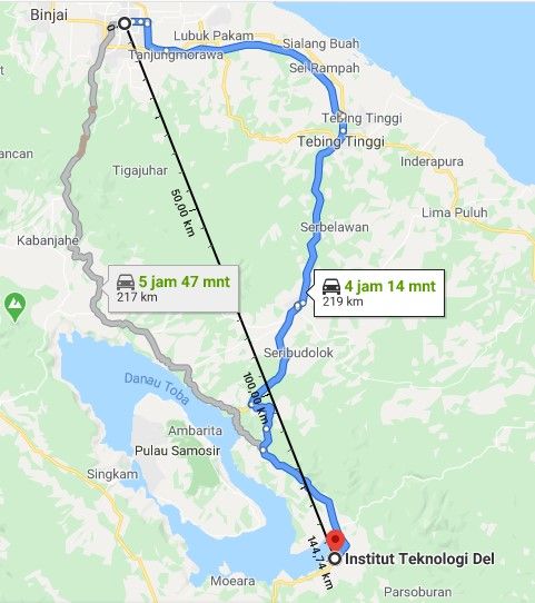 Jarak Lokasi IT Del dari Kota Medan (Sumber: Google Maps)