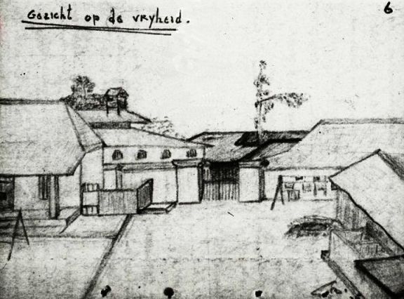 sketsa penjara Glodok tahu 1944, dengan tulisan berbahasa Belanda 
