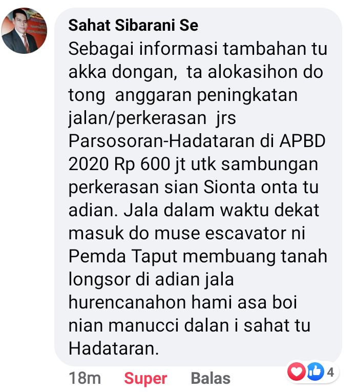 Penjelasan anggota DPRD Tapanuli Utara, Sahat Sibarani, SE mengenai dana tambahan Rp 600 juta dari APBD Kabupaten untuk perbaikan jalan ke Hadataran.