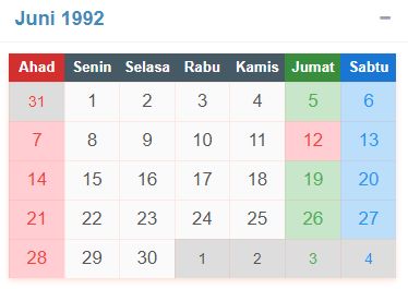 Kalender Juni 1992 | sumber: kalenderindonesia.com