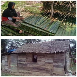 Foto ilustrasi diolah dari 2 sumber berbeda. Pengrajin atap daun rumbia (atas, infopublik.id/Kusnadi). Rumah beratap daun rumbia (bawah, PelitaRiau.com)