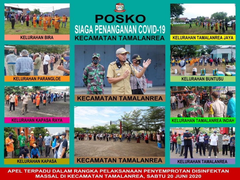 Kecamatan Tamalanrea Kota Makassar Laksanakan penyemprotan massal protokol kesehatan, Sabtu (20/06/2020). Dok: Imanrukka