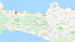 posisi wilayah Desa Ujungragi (markah merah) pada peta wilayah Propinsi Jawa Tengah | sumber: Google Map Indonesia