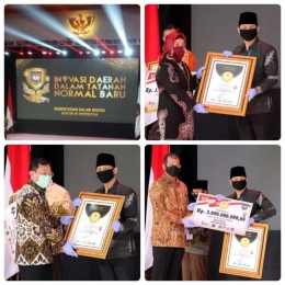 Foto Kolase Bupati Trenggalek Mochamad Nur Arifin saat menerima Piagam Penghargaan Juara Lomba Inovasi Daerah Dalam Tatanan Normal Baru (dokpri)