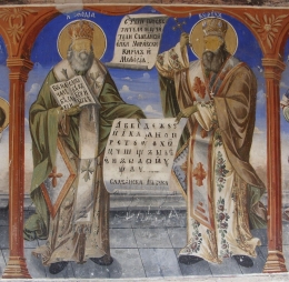 Ilustrasi Santo Kiril dan Metodius dengan aksara buatan mereka. Photo: returnofking.com