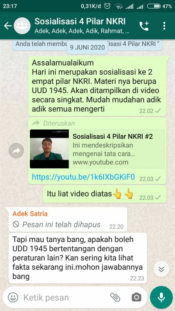 Penjelasan materi 4 Pilar NKRI secara daring. (dokpri)