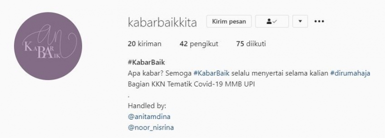 Ini dia laman Instagram KKN saya. Bisa dikunjungi di @kabarbaikkita.