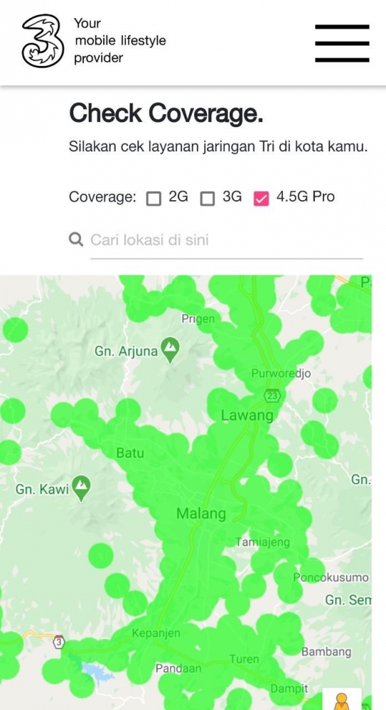 Cakupan jaringan 4.5G pro di Kota Malang dan Sekitarnya | Tangkapan Layar dari tri.co.id/coverage