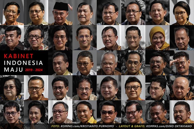 Kolase foto memperlihatkan susunan menteri Kabinet Indonesia Maju, saat diumumkan dan diperkenalkan oleh Presiden Joko Widodo di Istana Negara, Jakarta, Rabu (23/10/2019).(KOMPAS.com/KRISTIANTO PURNOMO - DINO OKTAVIANO)