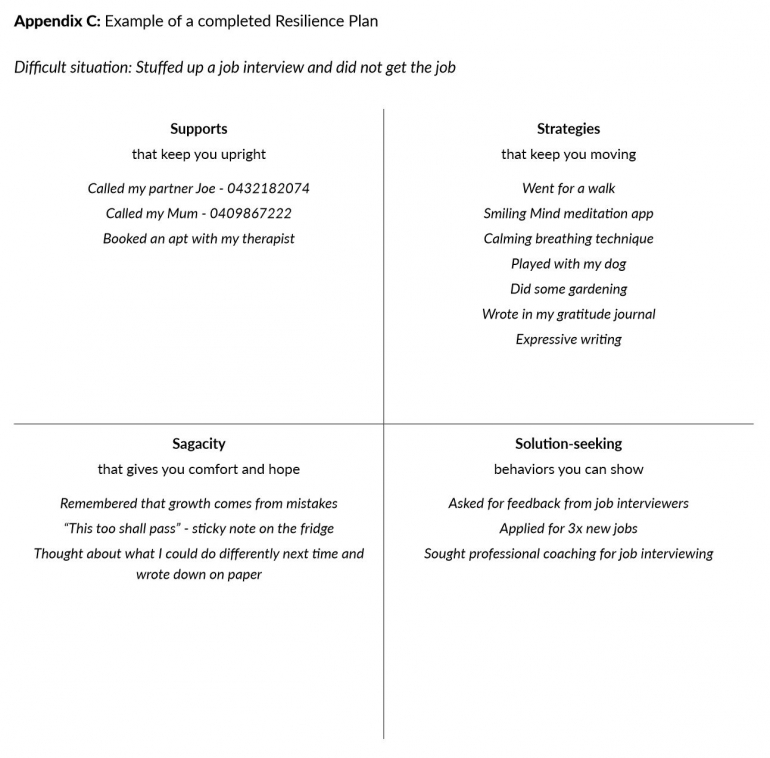 Gambar 2. Example of Resilience Plan, diambil dari buku 3 Resilience Ecercises. Sumber: PositivePsychology.com