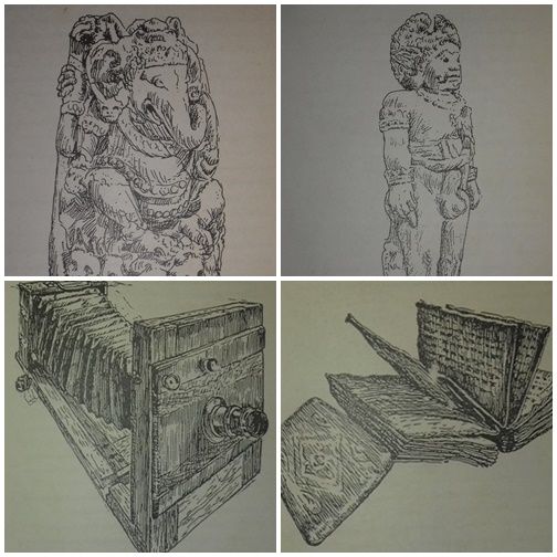 Dari kiri atas searah jarum jam: Arca Ganesha, Arca Bhima, Pustaha Laklak, dan Kamera jadul (Foto: Pemandu Singkat Museum Adam Malik)