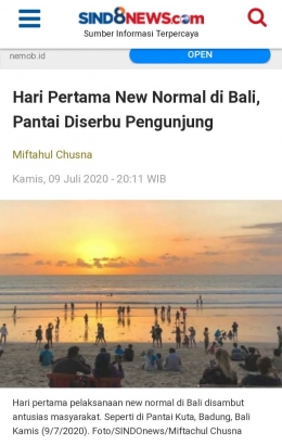 Gambar 2. Kondisi hari pertama pemberlakuan new normal di Bali | sumber: sindo news