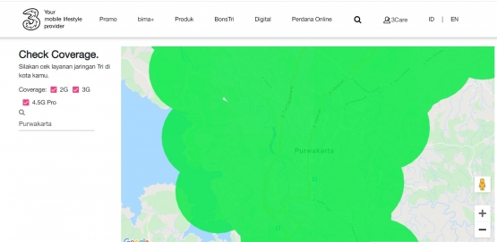Dari Check Coverage, Terlihat di Kota Purwakarta Telah Tersedia Jaringan 4.5G dari Tri Indonesia (Sumber: www.tri.co.id)