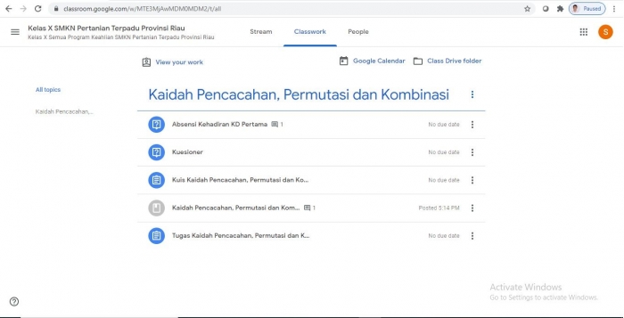 tangkapan layar dari Google Classroom