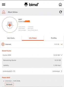 Paket kuota AlwaysOn Unlimited 6GB tapi kuotanya masih 9,32GB karena akumulasi dari kuota paketan bulan lalu. Masa aktif masih panjang sekali/dokpri